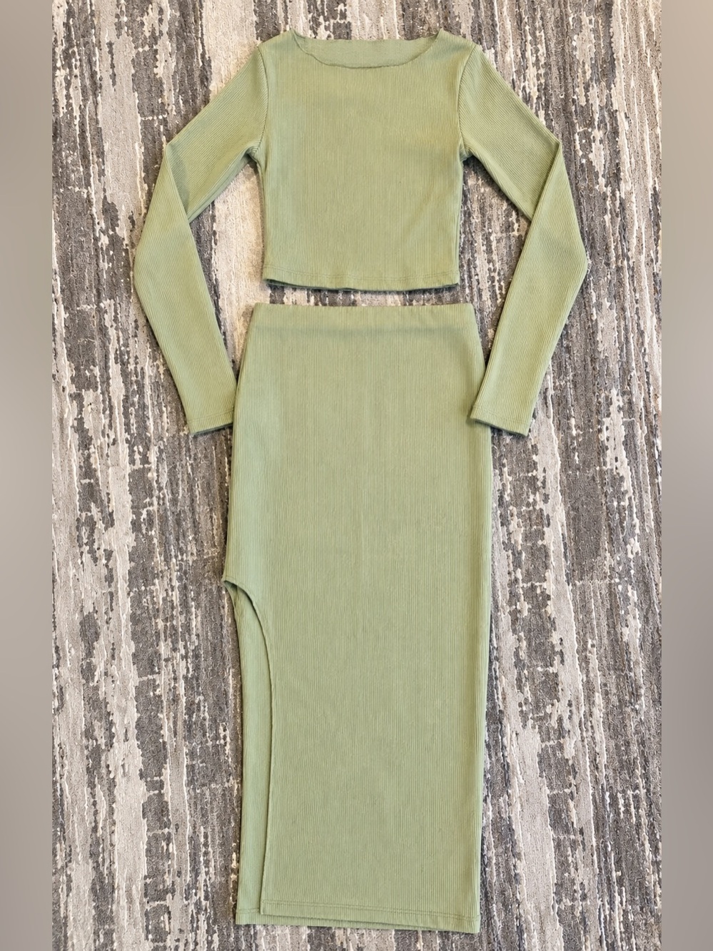 Ribbed Knit Crop Top & Midi Skirt Set Sage Green